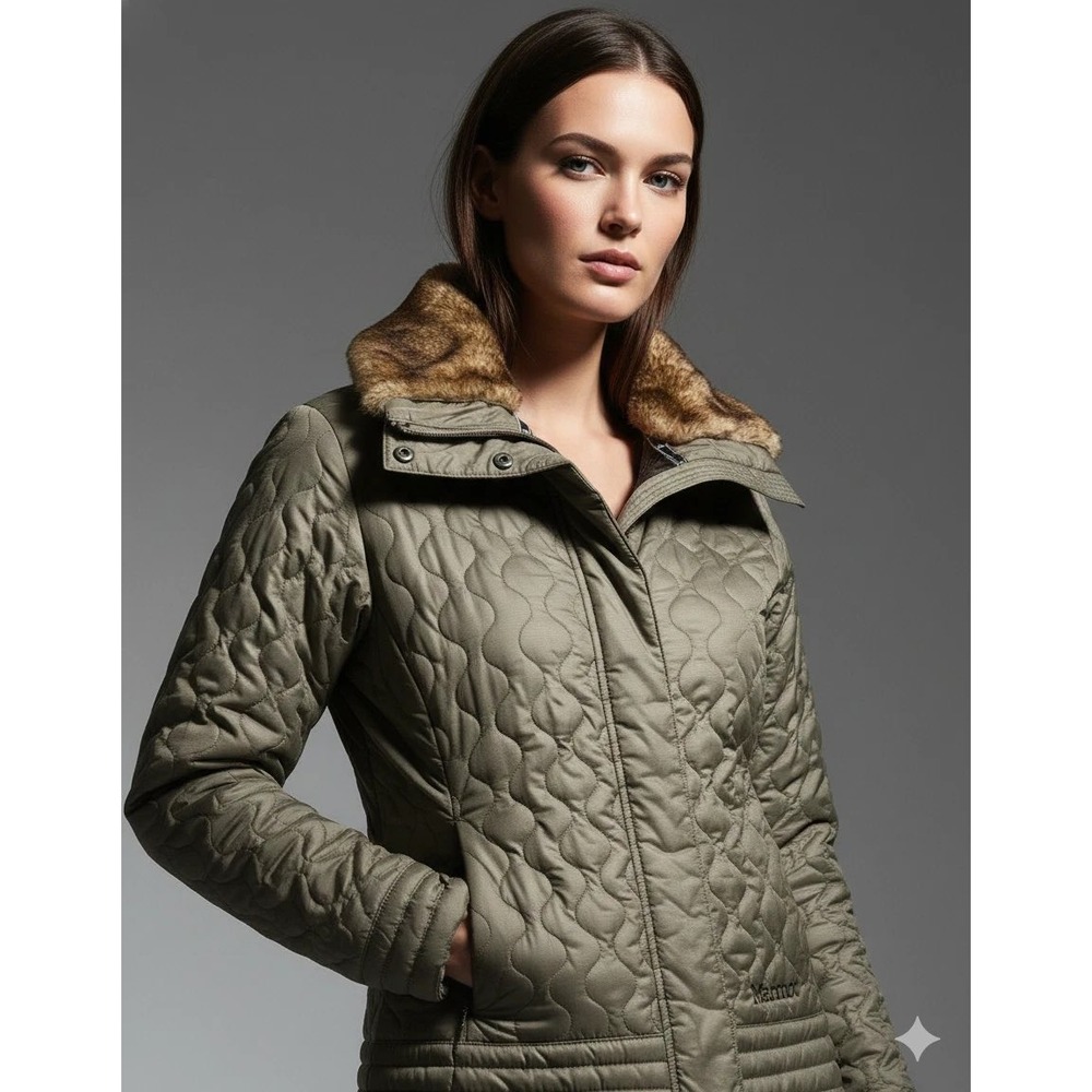 Marmot St Moritz Quilted Puffer Jacket Faux Fur Collar Taupe Gray Size Medium